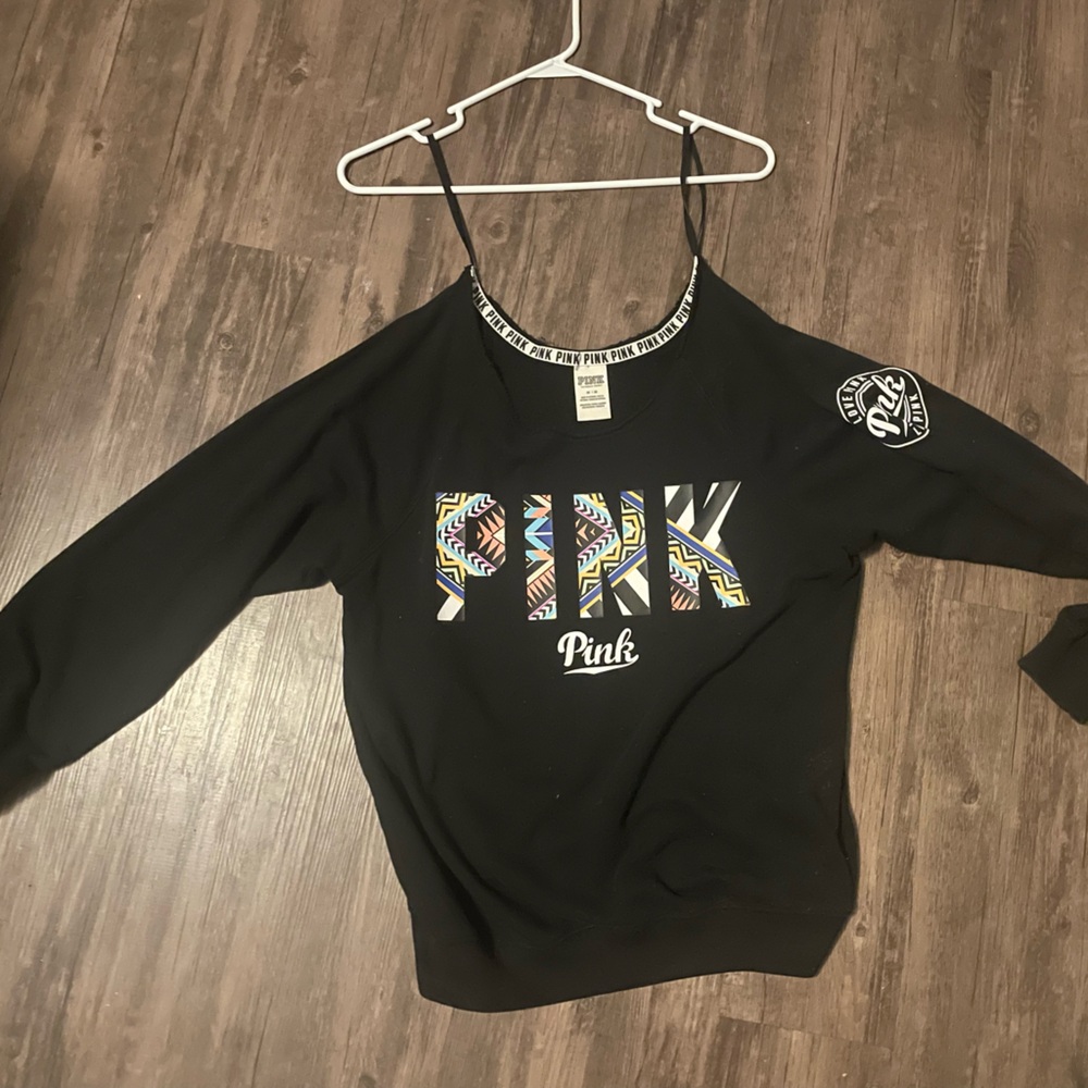 RARE PINK Victoria's Secret Black Crew Neck Sweater W/Tribal Print